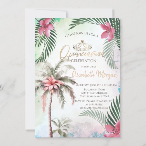 Tropical Flower Palm Summer Quinceaera Invitation