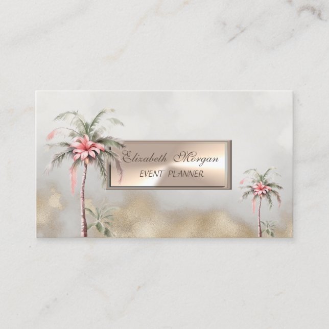 Tropical Flower Palm Trees Gold  Business Card (Front)