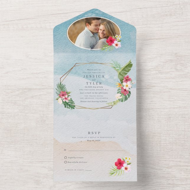 Tropical Flower Photo Beach Wedding All In One Invitation (Inside)