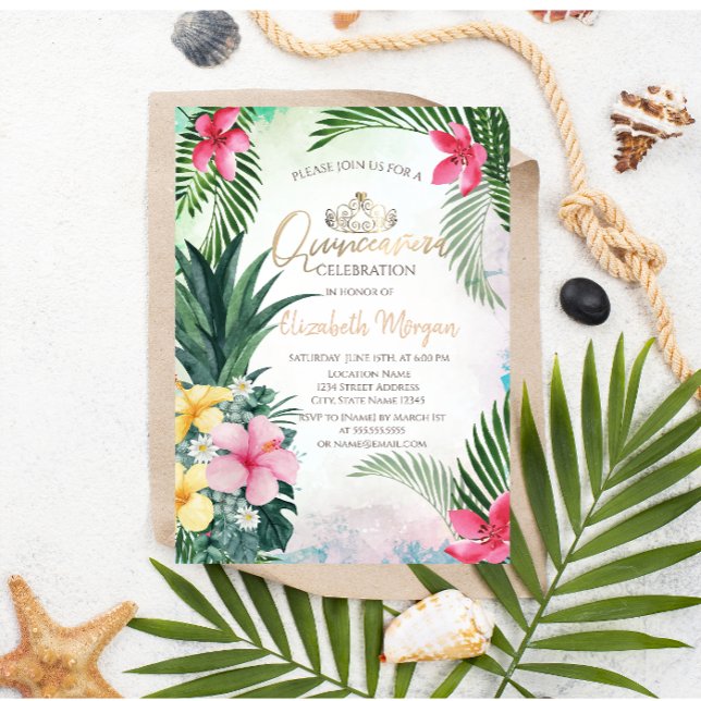 Tropical Flower Pineapple Palm Summer Quinceañera Invitation (Creator Uploaded)