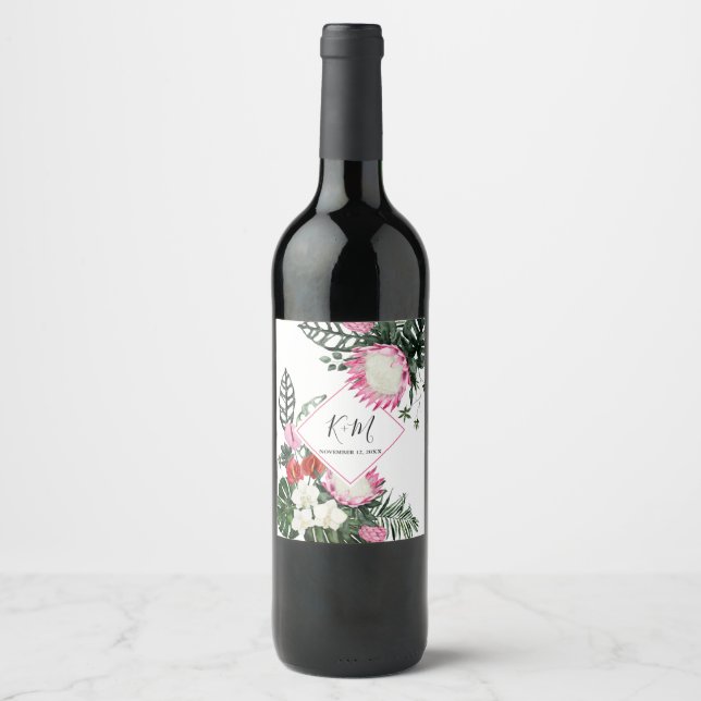 Tropical Flower Protea Monstera Watercolor Wedding Wine Label (Front)