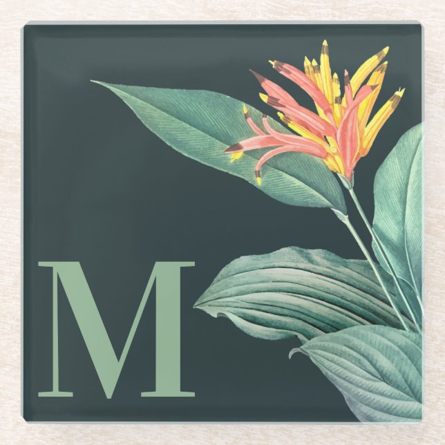 Tropical Flower Sage Leaves on Dark Teal Green Glass Coaster (Front)