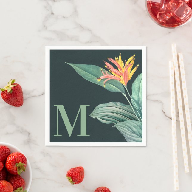 Tropical Flower Sage Leaves on Dark Teal Green Napkins (Insitu)