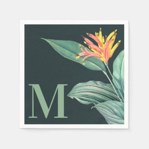Tropical Flower Sage Leaves on Dark Teal Green Napkins