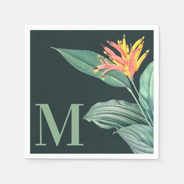Tropical Flower Sage Leaves on Dark Teal Green Napkins (Front)