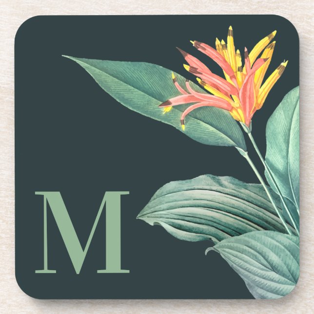 Tropical Flower Sage Leaves on Dark Teal Plastic Beverage Coaster (Front)