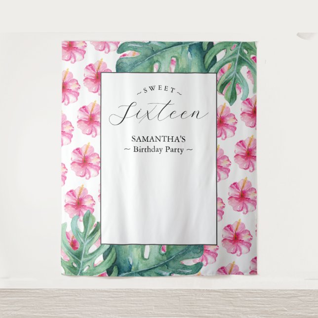 Tropical Flower Sweet 16 Birthday Party Background Tapestry (Front)