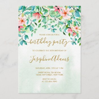 Tropical Flower Watercolor Green Birthday Invitation by melanileestyle at Zazzle