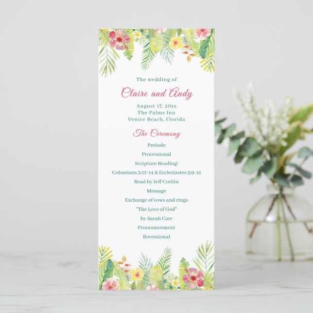 Tropical Flower Wedding Program - Hibiscus & Palm (Standing Front)