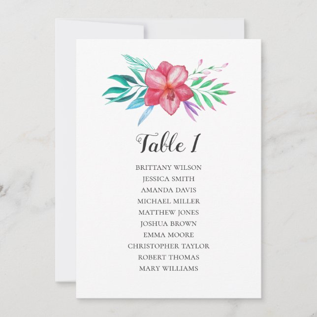 Tropical flower wedding seating chart. Table plan Invitation (Front)