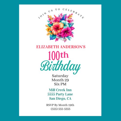 Tropical Flowers 100th Birthday Invitation