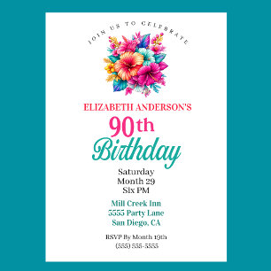 Tropical Flowers 90th Birthday Invitation
