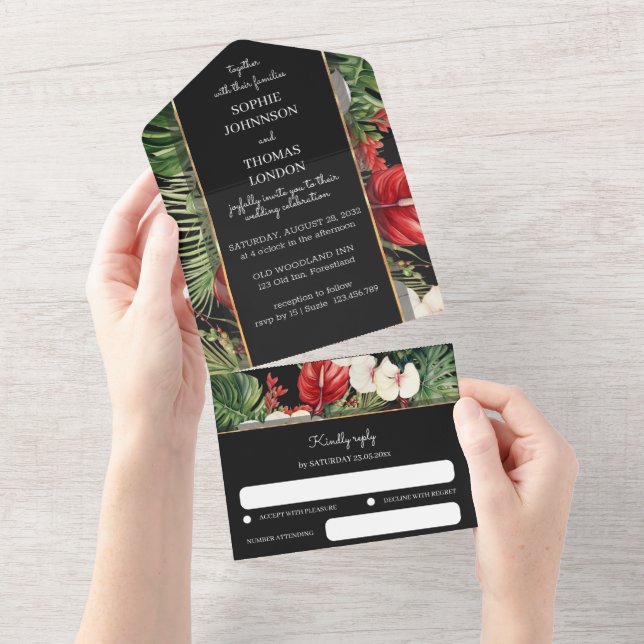 Tropical flowers All in One Wedding Invite (Tearaway)