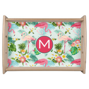 Tropical Flowers And Birds Add Your Initial Serving Tray