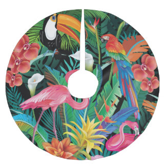 Tropical flowers and birds composition. brushed polyester tree skirt