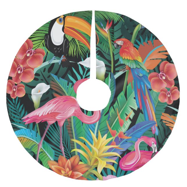 Tropical flowers and birds composition. brushed polyester tree skirt (Front)