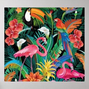 Tropical flowers and birds composition. poster