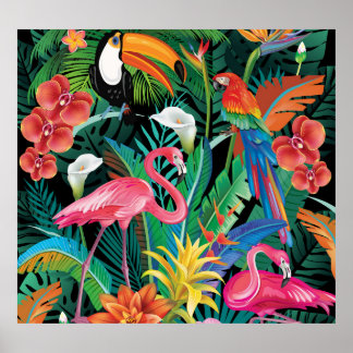 Tropical flowers and birds composition. poster