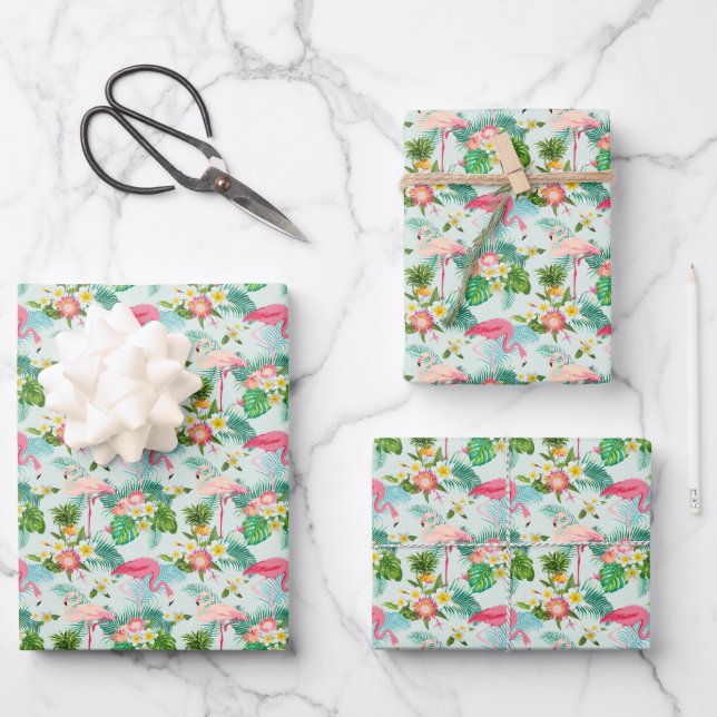 Tropical Flowers And Birds Wrapping Paper Sheets (Front)
