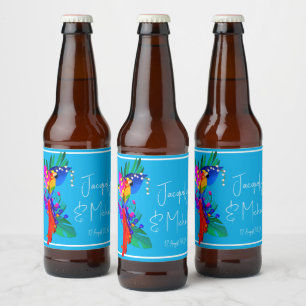 Tropical Flowers and Colorful Parrot Beer Bottle Label