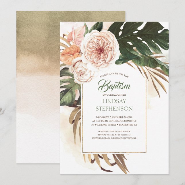 Tropical Flowers and Dried Palm Leaf Baptism Invitation (Front/Back)