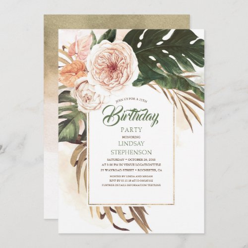 Tropical Flowers and Dried Palm Leaf Birthday Invitation