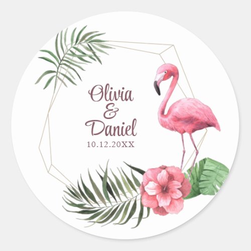 Tropical Flowers and Flamingo Wedding  Classic Round Sticker