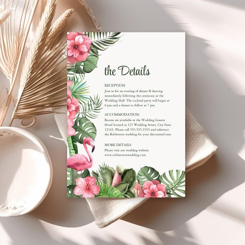 Tropical Flowers and Flamingo Wedding Details Card