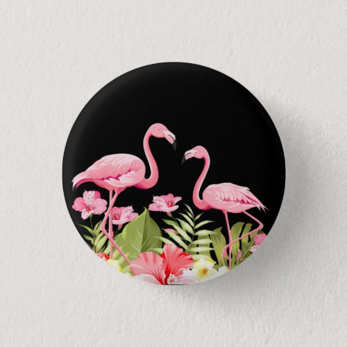 Tropical Flowers And Flamingos Button