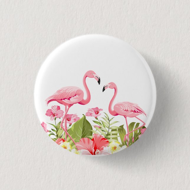 Tropical Flowers and Flamingos Design Button (Front)