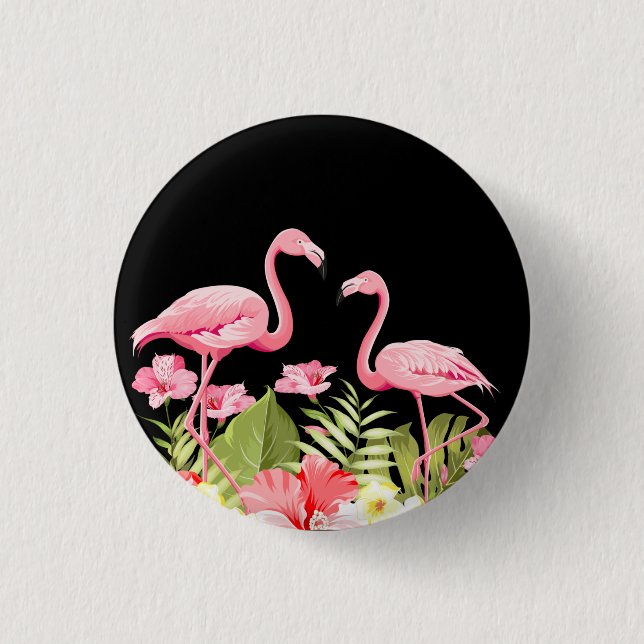 Tropical Flowers and Flamingos Design Button (Front)