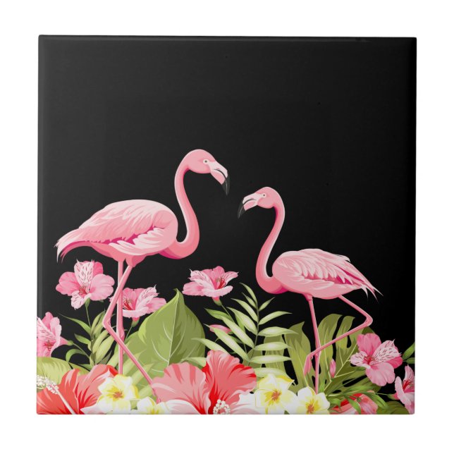 Tropical Flowers and Flamingos Design Ceramic Tile (Front)