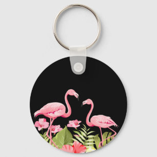 Tropical Flowers and Flamingos Design Keychain