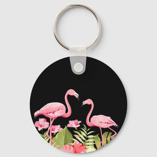 Tropical Flowers and Flamingos Design Keychain (Front)