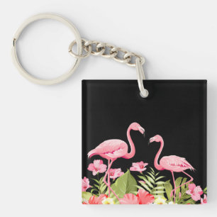 Tropical Flowers and Flamingos Design Keychain