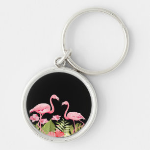 Tropical Flowers and Flamingos Design Keychain