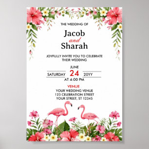 Tropical Flowers and Flamingos Wedding Template Poster