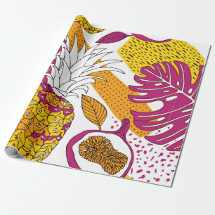 Tropical flowers and fruits,bright exotic print wrapping paper