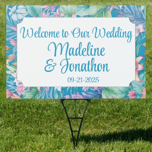 Tropical Flowers and Greenery Beach Wedding Sign
