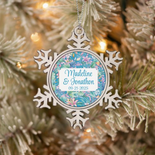 Tropical Flowers and Greenery Beach Wedding Snowflake Pewter Christmas Ornament