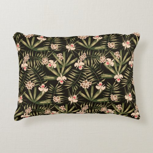 Tropical Flowers and Greenery Black Accent Pillow