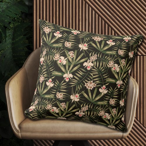 Tropical Flowers and Greenery Black Throw Pillow