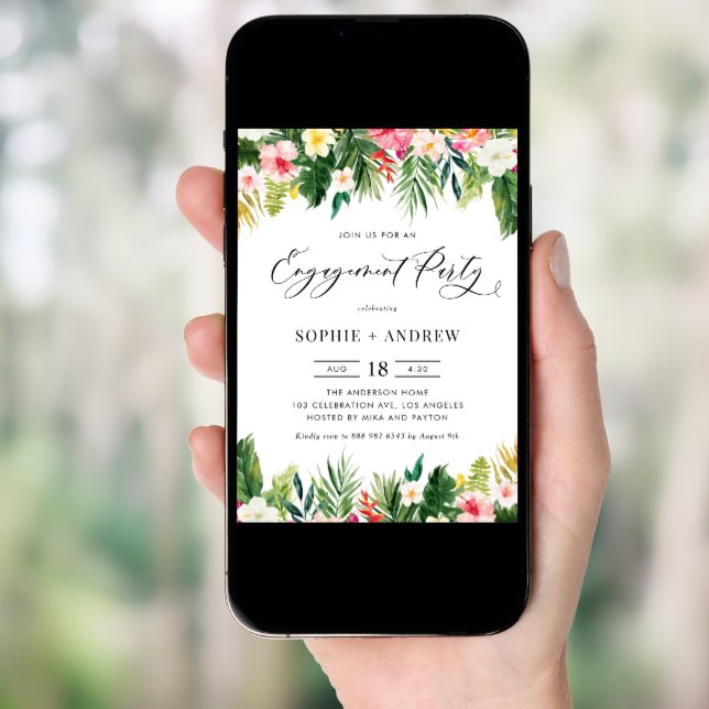 Tropical Flowers and Greenery Engagement Party Invitation (Front Digital)