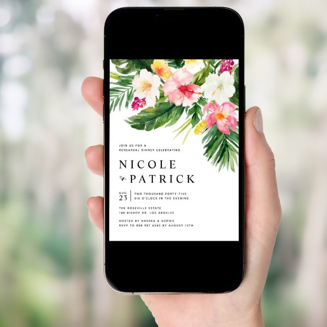 Tropical Flowers and Greenery Rehearsal Dinner Invitation (Front Digital)