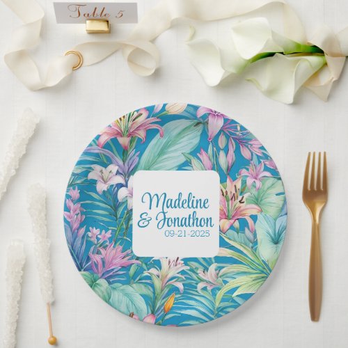 Tropical Flowers and Greenery Simple Beach Wedding Paper Plates