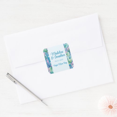 Tropical Flowers and Greenery Simple Beach Wedding Square Sticker