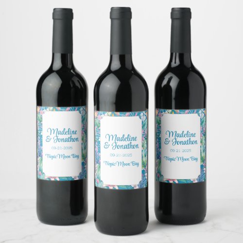 Tropical Flowers and Greenery Simple Beach Wedding Wine Label
