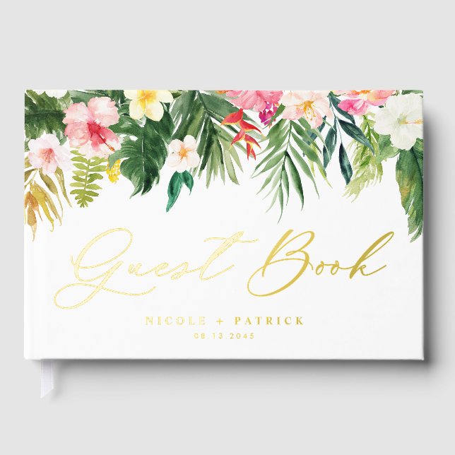 Tropical Flowers and Greenery Summer Wedding Photo Foil Guest Book (Front)