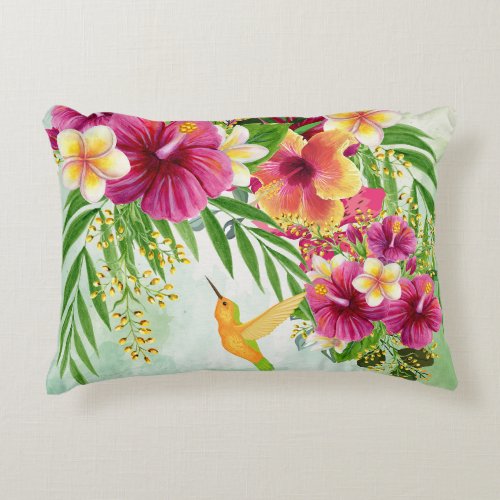 Tropical Flowers and Hummingbird Accent Pillow