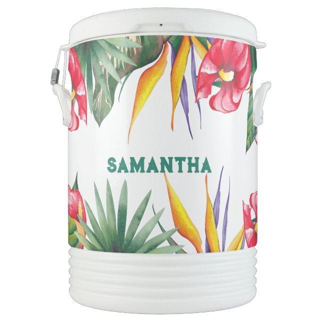Tropical flowers and leaves border monogram beverage cooler (Back)